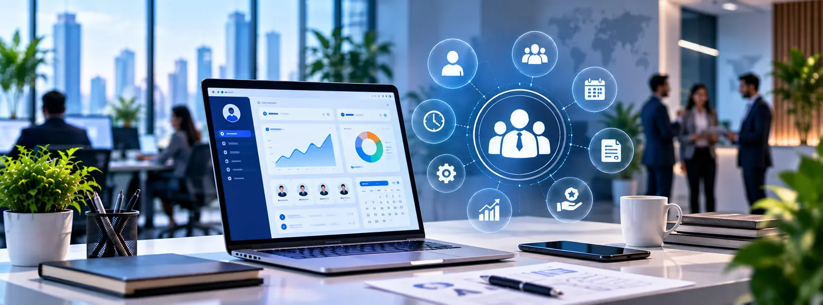 Software dashboard and technology icons representing modern development stack