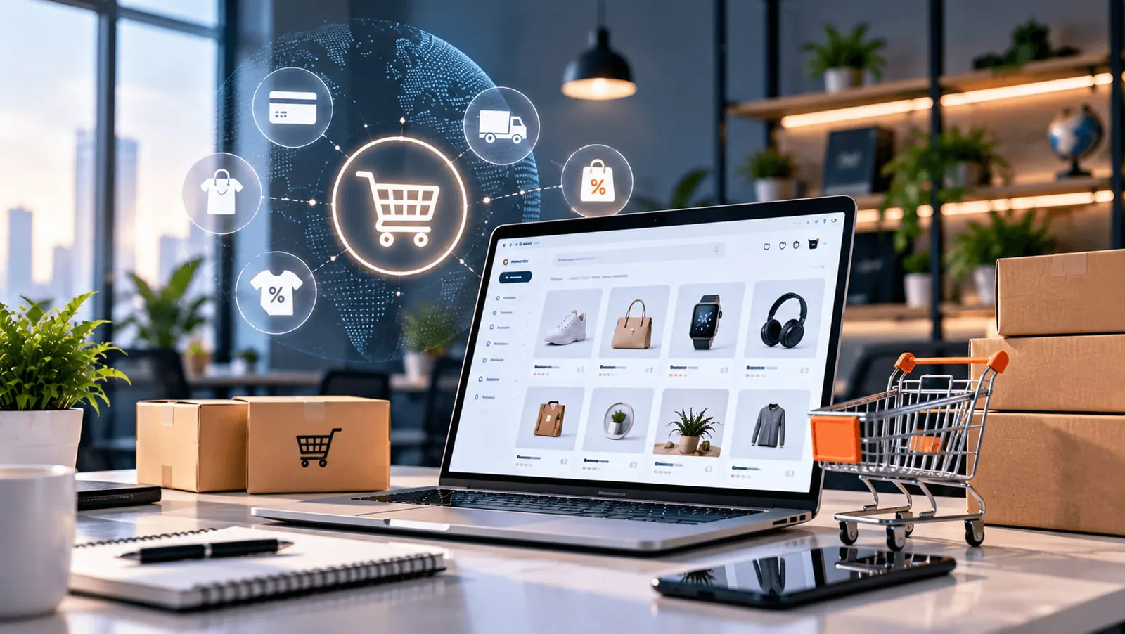 Ecommerce storefront interface with product cards and checkout elements