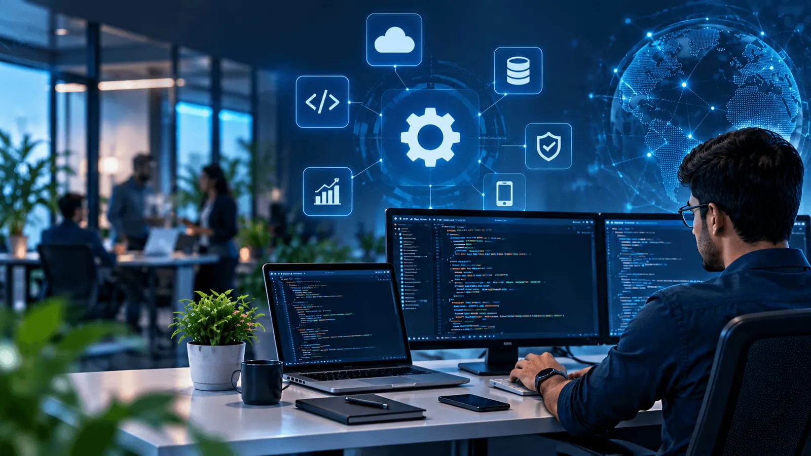 Custom software development workspace with code and business dashboard