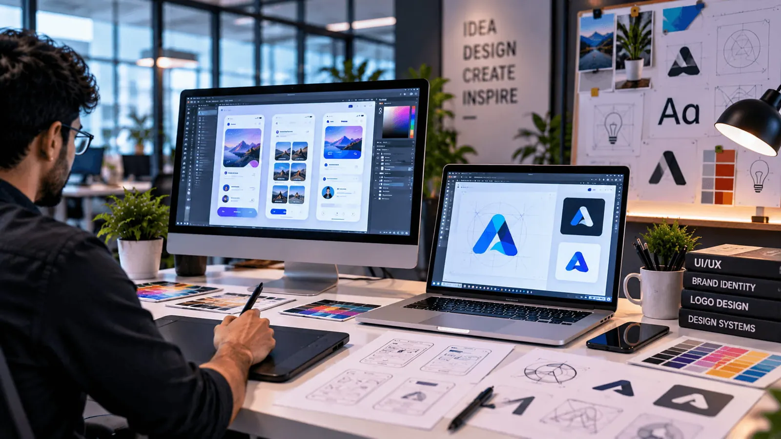 UI UX design system mockup with wireframes color palette and prototype screens